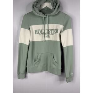 Hollister Hoodie Sweatshirt Womens Sz XS Green White Rugby Stripe Spell Out